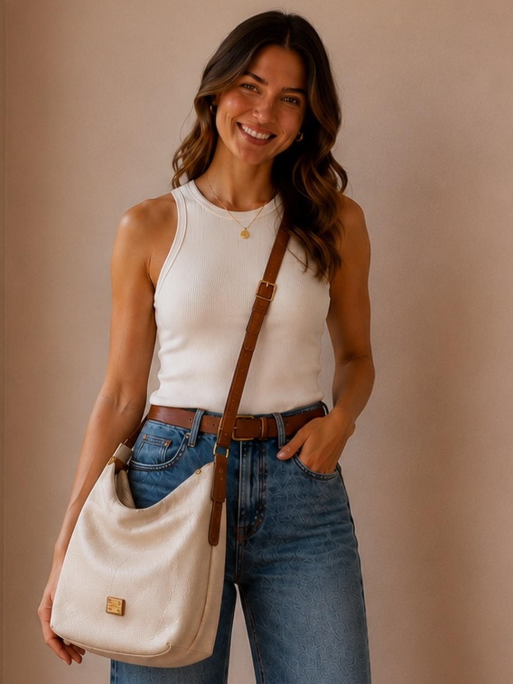 Valentina Cream Shoulder Hobo Bag with Brown Strap